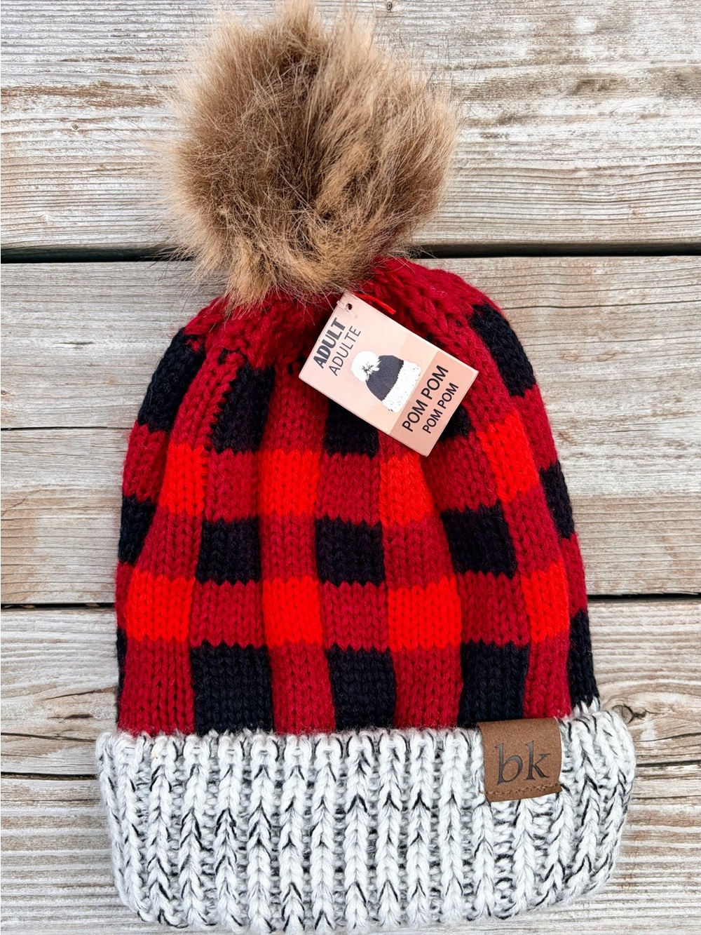 Red & Black Buffalo Plaid Beanie Toque Hat with Faux Fur Pom Pom